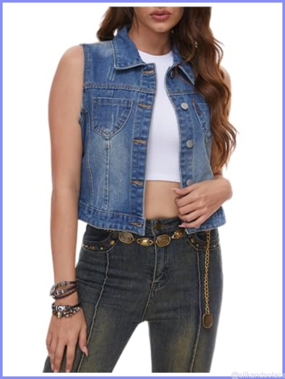 Sleeveless Cropped Distressed Denim Vest Spread Collar Button Front With Pockets